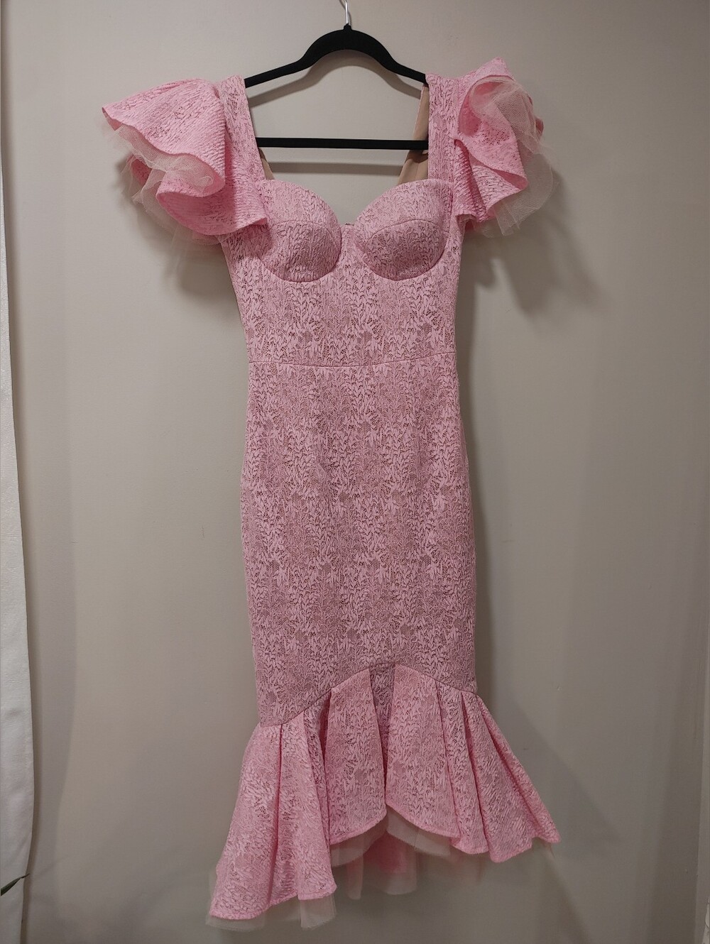 NADINE MERABI Pink Lace Mermaid Midi Dress with Ruffle Sleeves - Picture 3 of 10